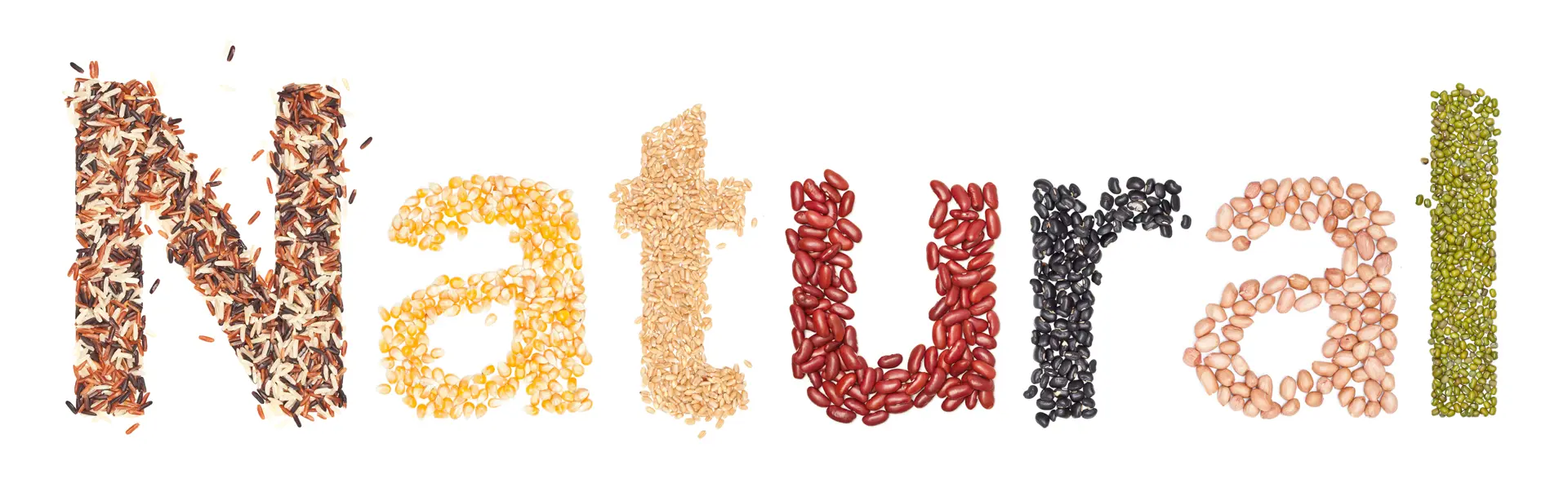The word 'Natural' spelled out in assorted rice, corn, kidney beans, black beans, oats, and peanuts