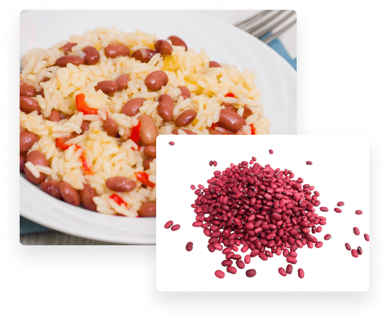 Plate of rice and small red beans cooked with bell peppers, alongside a pile of raw small red beans
