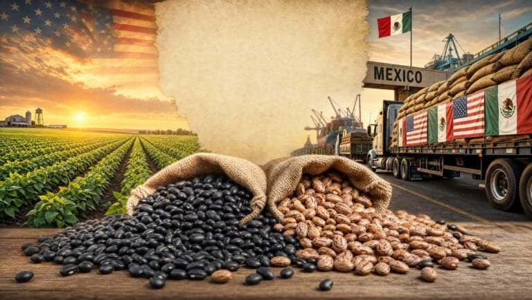 F. Garcia market report visualization of the US and Mexico dry bean market 2026 supply chain featuring pinto and black beans.
