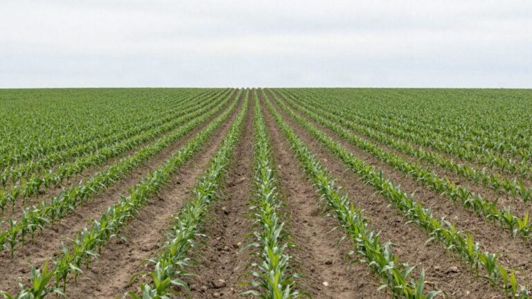 Young corn plants in rows across a U.S. Corn Belt field in early growing season, June 2026 WASDE market outlook