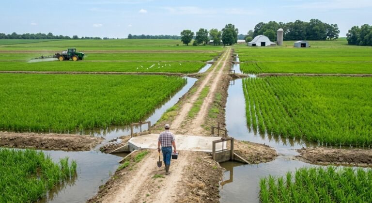 Rice field flooding during the U.S. rice marketing year's growing season, with irrigation levees and a farmer checking a water control gate