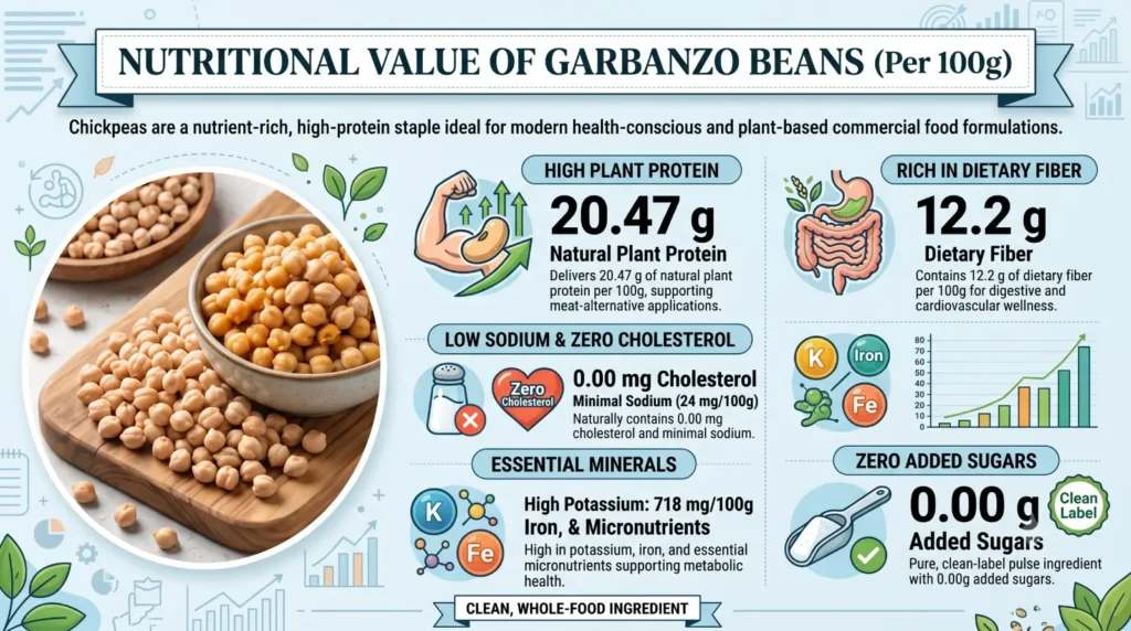 Nutritional value infographic of garbanzo beans highlighting 20.47g plant protein, 12.2g dietary fiber, and zero cholesterol per 100g.