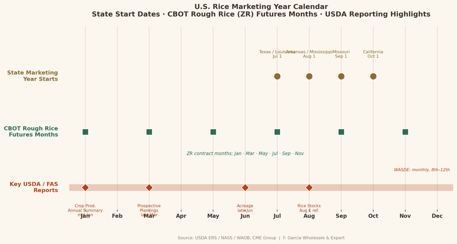 U.S. rice marketing year calendar showing state marketing year start dates, CBOT Rough Rice futures contract months, and USDA reporting schedule.
