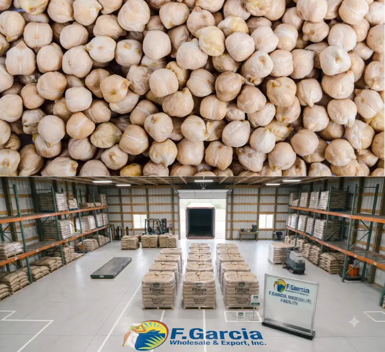 A top-down view of a pile of wholesale dried chickpeas (garbanzo beans) with the F. Garcia Food Export logo on a yellow textured surface.