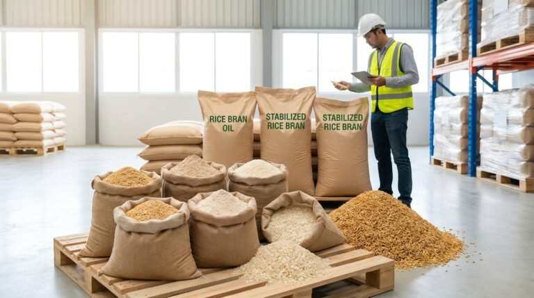 Rice co-products from a single mill run: separate piles of rice hulls, rice bran, second heads, and brewers rice showing size and texture differences