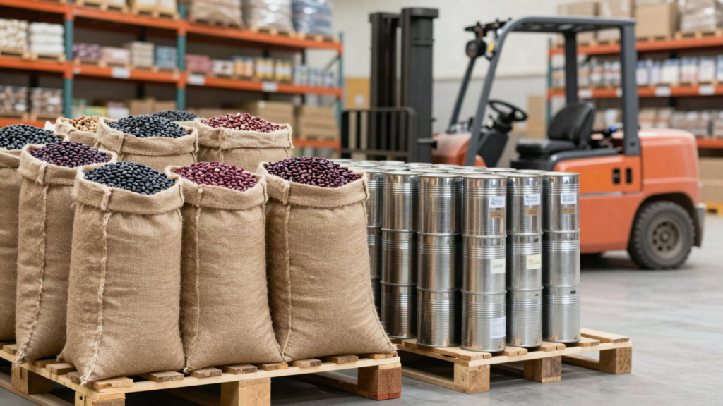 Bulk dry beans in burlap sacks beside stacked canned beans on warehouse pallets, foodservice distribution