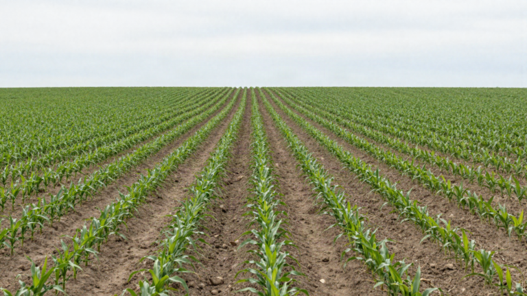 Young corn plants in rows across a U.S. Corn Belt field in early growing season, June 2026 WASDE market outlook