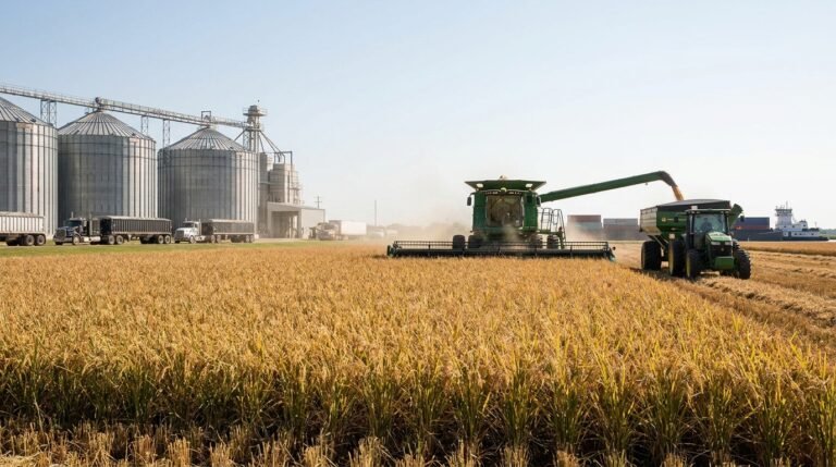 2026 US rice harvest: a combine cutting rice in a flooded Delta field, as USDA reports the smallest national rice crop in decades